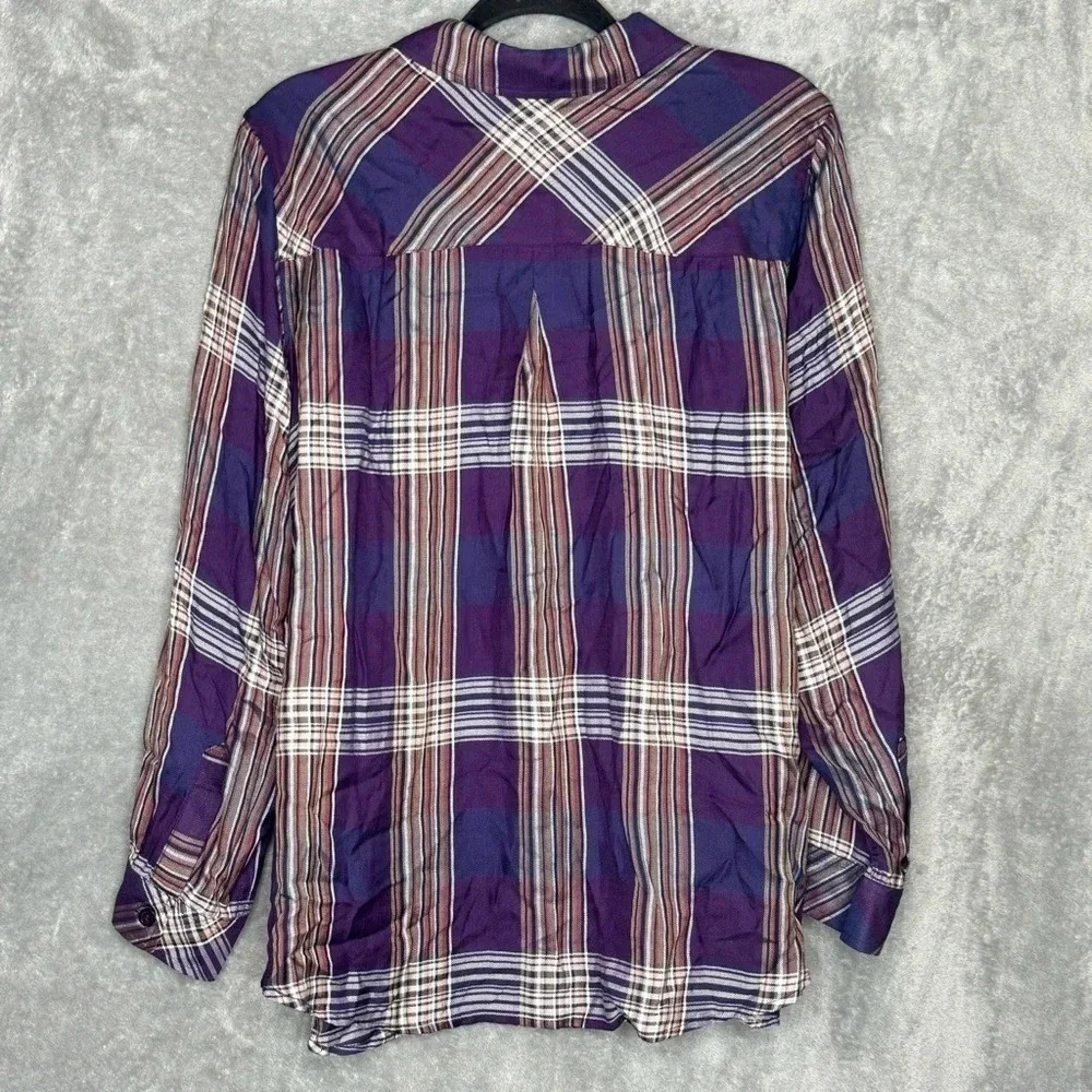 CJ Banks 1X Shirt Top Purple Plaid Button Up Long Sleeve Collared Lightweight - Picture 4 of 7
